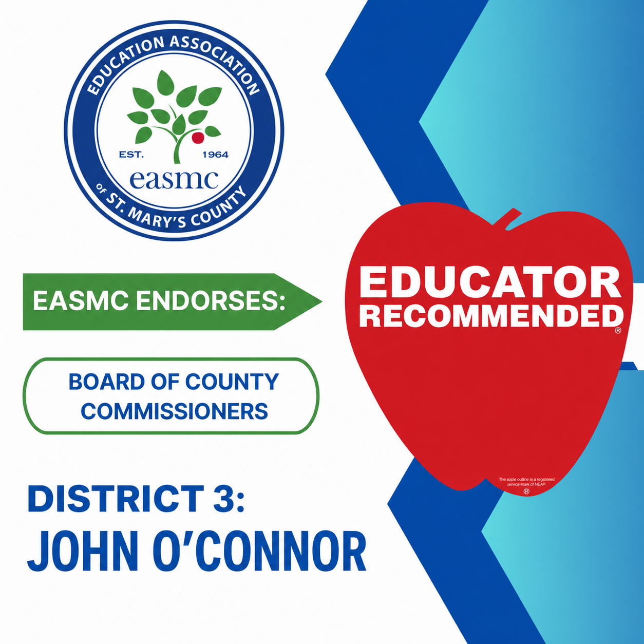 EASMC Educator Recommended endorsement for John O’Connor, Board of County Commissioners, District 3