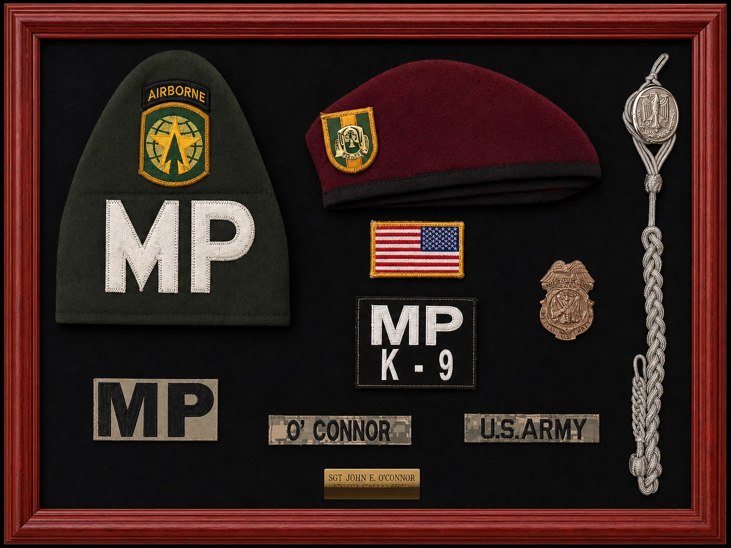 Framed U.S. Army military police service display for Sgt. John E. O’Connor